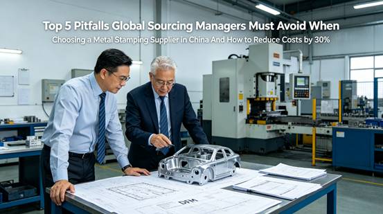A hyper-realistic photo of a global sourcing manager and a senior engineer collaboratively reviewing a stamped metal part, technical drawings, and cost/DFM documents on a workbench in a modern stamping factory, with the article title overlaid.
